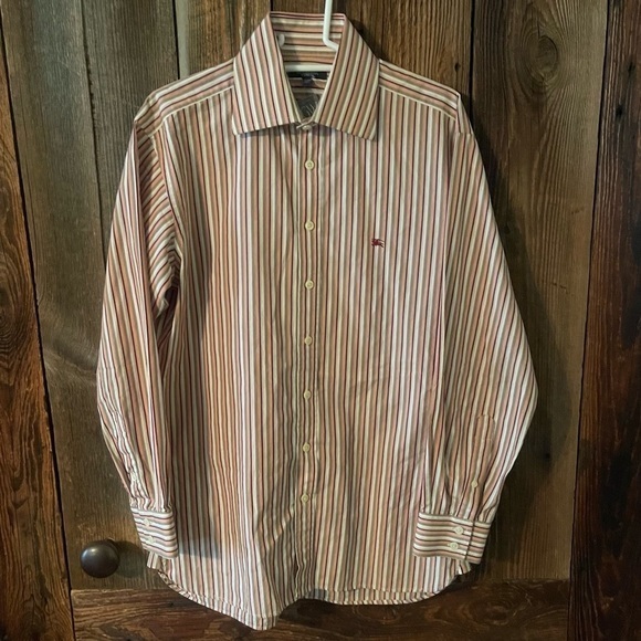 Mens BURBERRY White Red Pink Strip Button Down Long Sleeve Shirt Size 15 /38 - Picture 1 of 10
